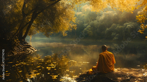 Buddhist monk in meditation beside a lake in the jungle © May Thawtar