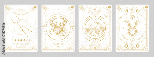 Set of Modern magic witchcraft cards with astrology Taurus zodiac sign characteristic. Vector illustration