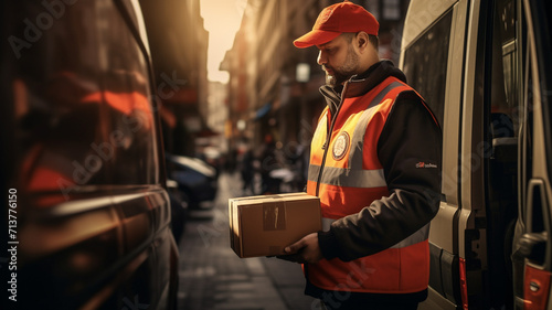a male delivery worker is unloading cargo photo