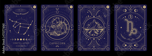 Set of Modern magic witchcraft cards with astrology Capricorn zodiac sign characteristic. Vector illustration