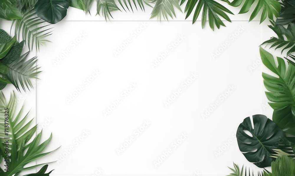 Mockup for natural organic product presentation ad concept. Stylish minimalist flat lay. Empty template Bali style white wall background for text. Green exotic foliage on white wall with copy space. Mockup for natural organic product presentation ad concept. Stylish minimalist flat lay. Empty template Bali style white wall background for text. Green exotic foliage on white wall with copy space.