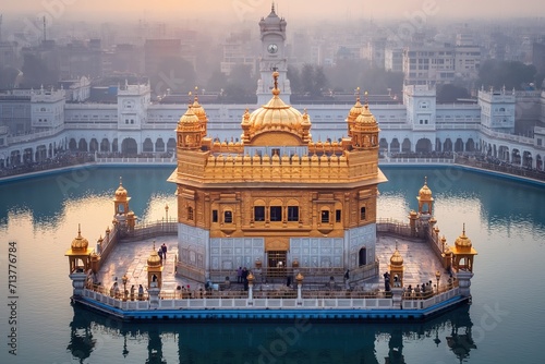 Amritsar golden Sikh temple in Punjab, India, aerial view photo