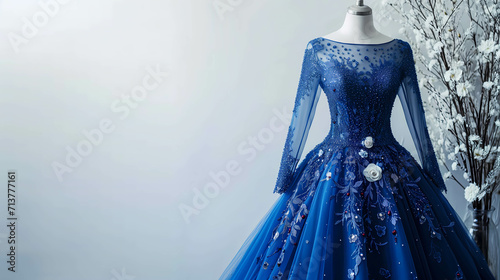 blue gown on e manequin with white background near a rose dead tree navy wedding gown