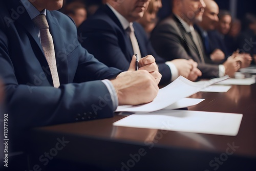 politician sitting at a table with his hands on documents during a political conference photo