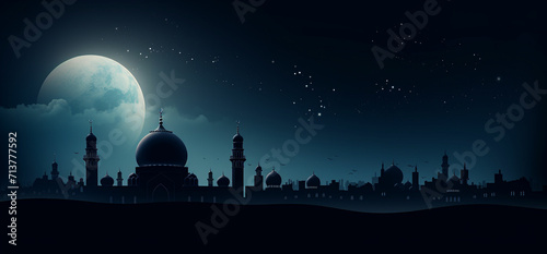 the silhouette of a mosque in the night sky with a crescent moon islamic style banner for product display