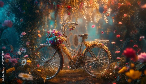 A whimsical image showcasing a bicycle with a flower basket, adorned with hanging blooms, creating a magical atmosphere in vivid © Teddy Bear