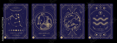 Set of Modern magic witchcraft cards with astrology Aquarius zodiac sign characteristic. Vector illustration