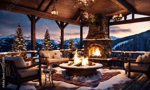 Outdoor fireplace Fire Pit in a snowy setting on a restaurant terrace in the mountains in a ski resort. Winter Holiday and travel concept.