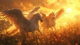 Pegasus-inspired winged horses soaring above a dreamlike meadow.