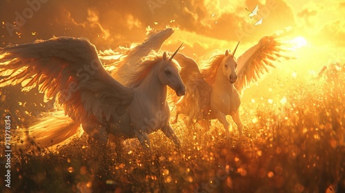 Pegasus-inspired winged horses soaring above a dreamlike meadow.