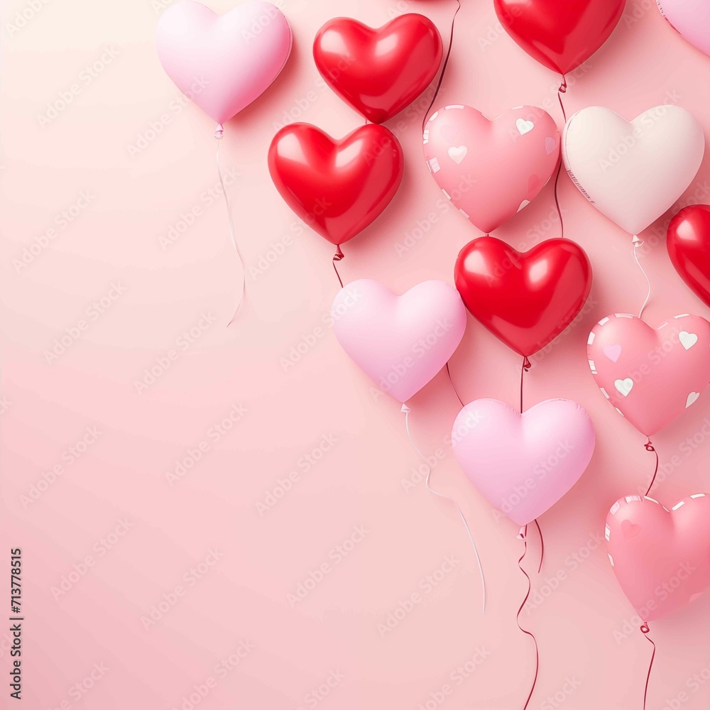 Many heart-shaped balloons on pink background