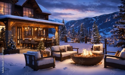 Outdoor fireplace Fire Pit in a snowy setting on a restaurant terrace in the mountains in a ski resort. Winter Holiday and travel concept.