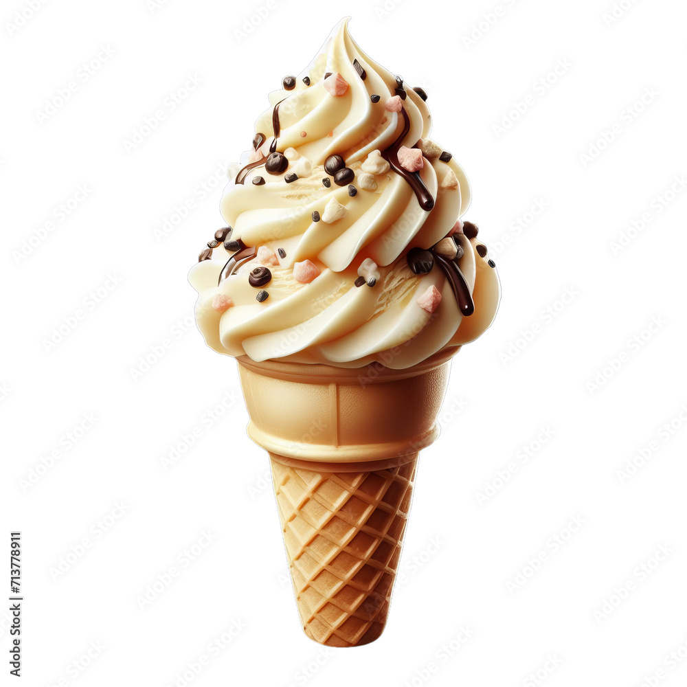 Vanilla Ice cream with topping in the cone on transparent background, png Vanilla Ice cream with topping in the cone on transparent background, png