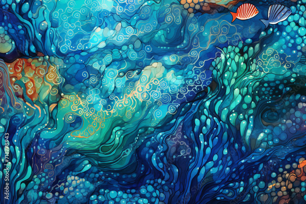 Nature, marine life, art, animals, graphic resources concept. Colorful sea life gouache or oil painting background illustration with copy space