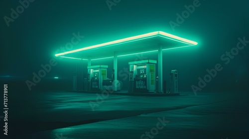 a gas station at night alone in the street fog, light green and turquoise neon, minimalist mysterious backdrops, hazy dreary and spooky atmosphere installations. generative AI