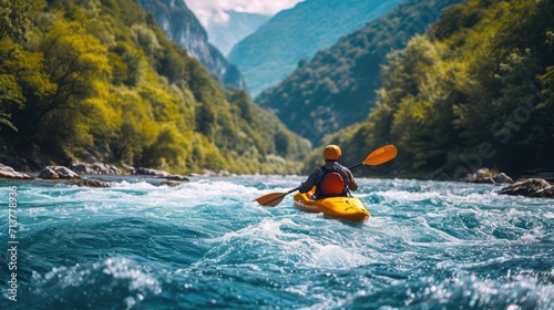 Man paddling a kayak down a river with a big copy space, Generative AI. © Planum