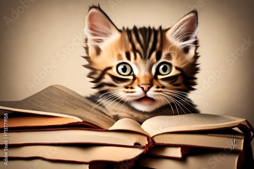 A mischievous tabby kitten peeking out from behind a pile of books, its playful gaze capturing the curiosity and innocence of a young feline.