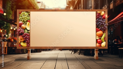 A whiteboard with a wooden border of mix-fruits on a wooden pedestal stand in a city street.