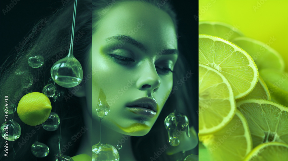 A few photos of green lemon and water, with a light green and transparent texture style, anime aesthetics, interesting complexity, berry punk, gorgeous colors, 32k uhd, karol bak, Generate AI. - obrazy, fototapety, plakaty 