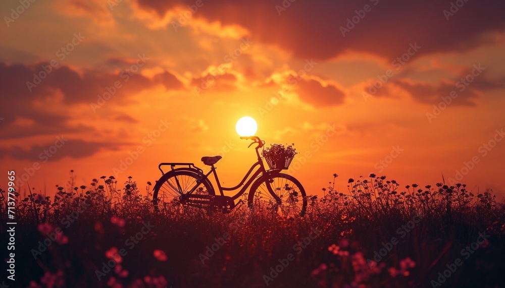 An artistic composition featuring a silhouette of a bicycle with a flower basket, outlined against the warm hues of a sunset, portrayed in