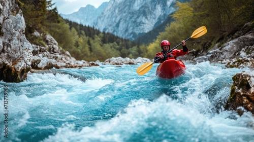 Man paddling a kayak down a river with a big copy space, Generative AI. © Planum