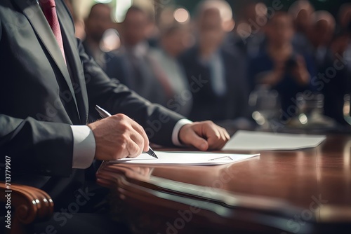 politician sitting at a table with his hands on documents during a political conference