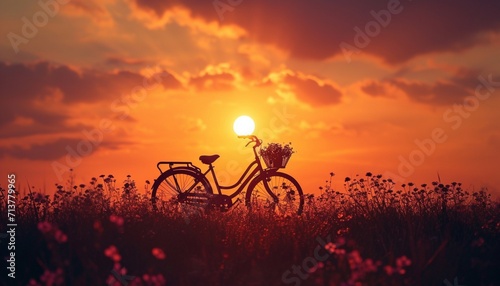 An artistic composition featuring a silhouette of a bicycle with a flower basket, outlined against the warm hues of a sunset, portrayed in © Teddy Bear
