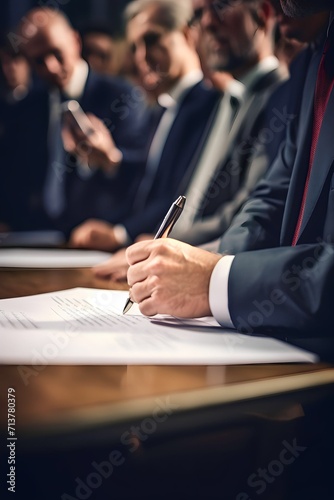 politician sitting at a table with his hands on documents during a political conference