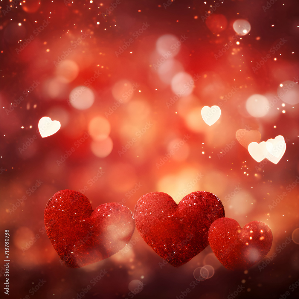 Valentine's day background with red hearts and bokeh lights