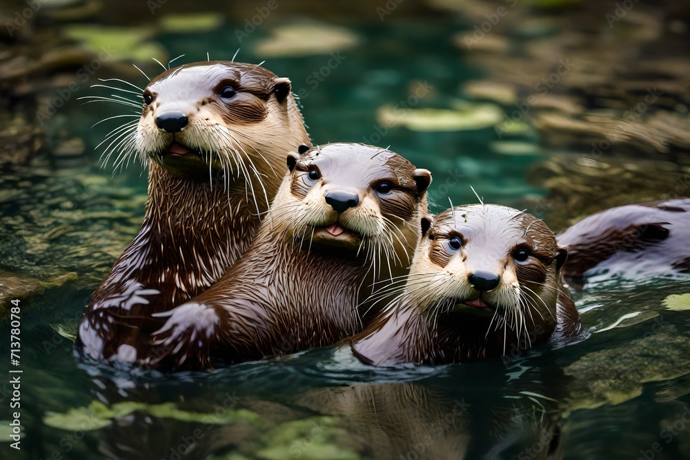 Φωτογραφία A pair of playful otters sliding down a mossy riverbank into clear water, their sleek bodies leaving ripples behind, capturing the aquatic grace of these charming mammals