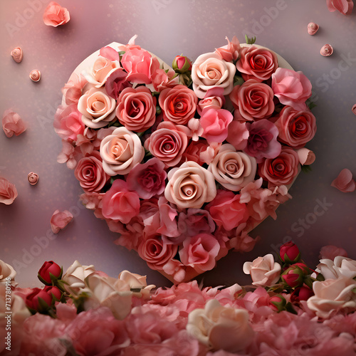 Heart shaped bouquet of roses with petals on a pink background