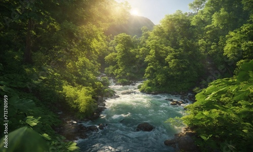 Forest Rivulet Reverie: Scenic Mountain River Meandering Through Verdant Woodlands. Nature's Tranquil Beauty © Raccoon Stock AI