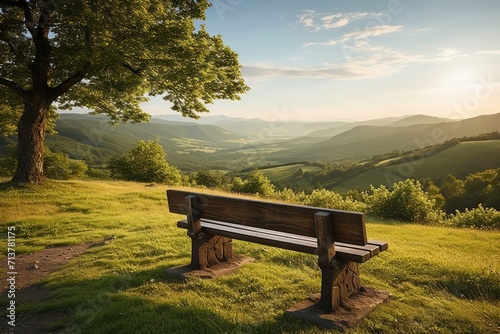 Serene Mountain Vista with Wooden Bench at Sunrise