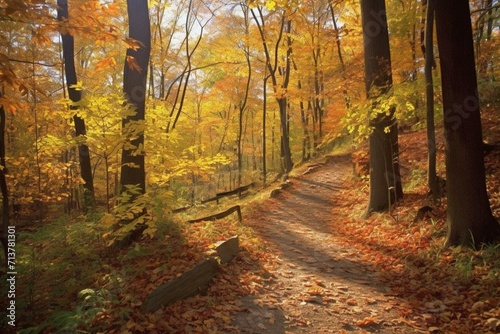 Scenic trail amidst fall woods. Generative AI