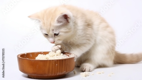 A beige cat eats cottage cheese with a wooden spoon from a big clay bowl. White background. Isolated.