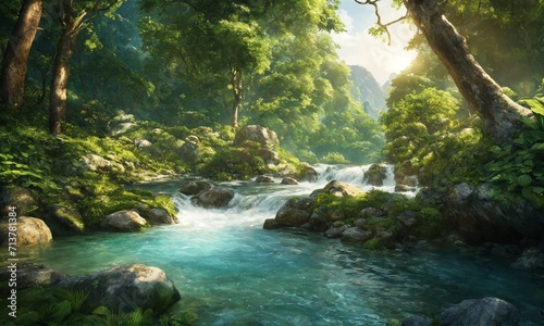 Forest Rivulet Reverie: Scenic Mountain River Meandering Through Verdant Woodlands. Nature's Tranquil Beauty