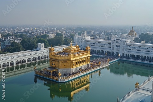 Amritsar golden Sikh temple in Punjab, India, aerial view photo