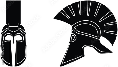 Ancient helmet, warrior, soldier, spartan, Greek icon silhouette on white background. Legionnaire heroic soldier illustration vector art.
