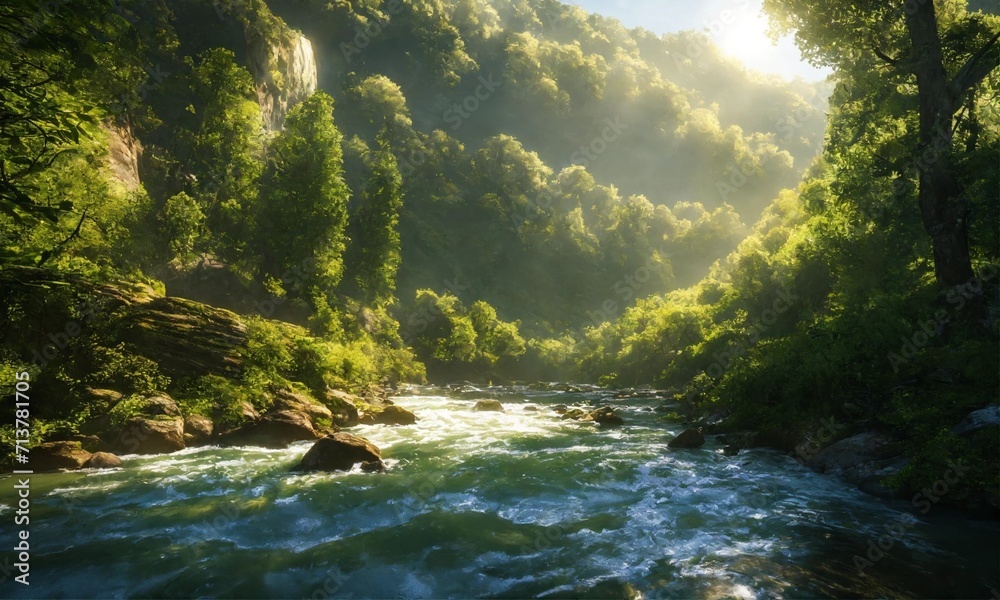 Forest Rivulet Reverie: Scenic Mountain River Meandering Through Verdant Woodlands. Nature's Tranquil Beauty