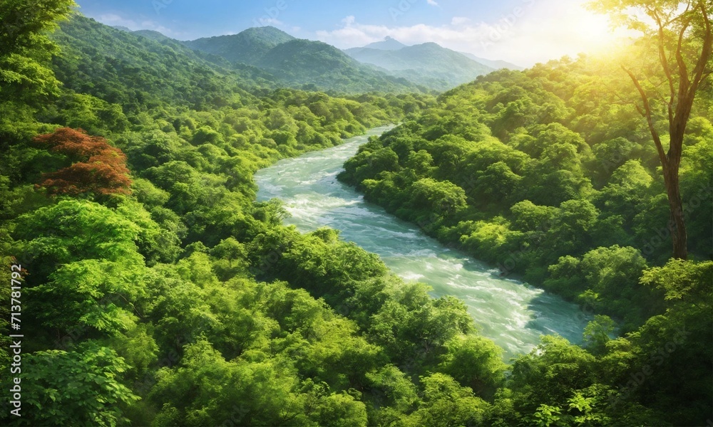 Forest Rivulet Reverie: Scenic Mountain River Meandering Through Verdant Woodlands. Nature's Tranquil Beauty