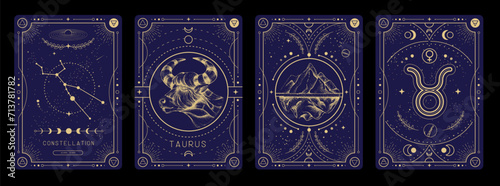 Set of Modern magic witchcraft cards with astrology Taurus zodiac sign characteristic. Vector illustration