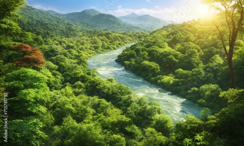 Forest Rivulet Reverie: Scenic Mountain River Meandering Through Verdant Woodlands. Nature's Tranquil Beauty © Raccoon Stock AI