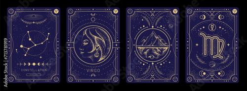 Set of Modern magic witchcraft cards with astrology Virgo zodiac sign characteristic. Vector illustration
