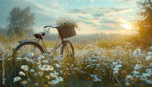 A countryside landscape featuring a bicycle with a flower basket, parked amid tall grass and wildflowers, creating a serene photo
