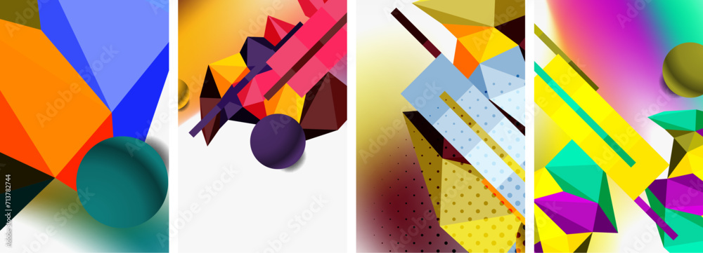 Set of geometric abstract composition with spheres and triangles. Vector illustration For Wallpaper, Banner, Background, Card, Book Illustration, landing page