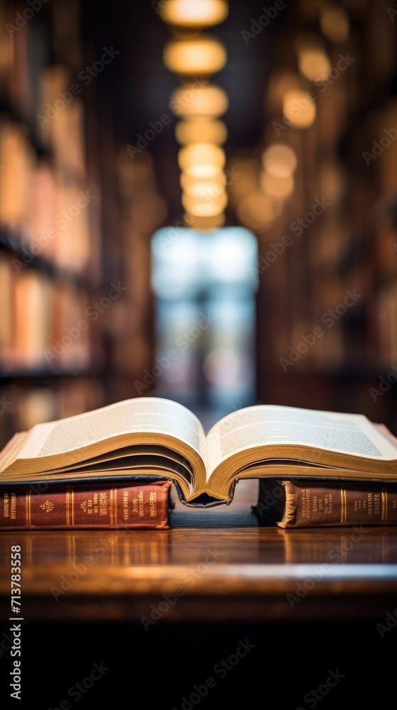 Opening a book or textbook on the table in the library Opening a book or textbook on the table in the library