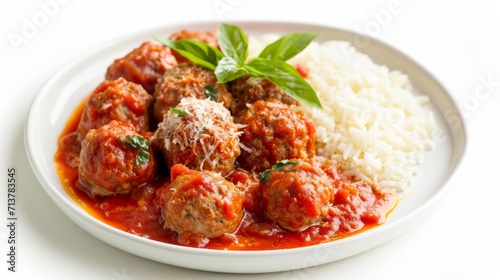 Tasty meatballs in tomato sauce on a white plate isolated on white background