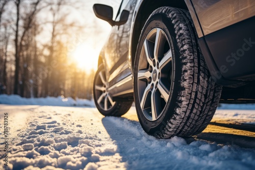 Winter tires gripping the road's surface for enhanced traction