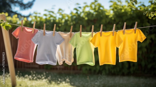 Colorful children s clothes drying on a clothesline in the yard under the sunlight