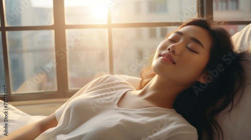 Simple lifestyle, Asian woman wakes up from good sleep on weekend morning, takes some rest, relax in comfortable bedroom at hotel window, happy lazy day, comfortable, dreaming